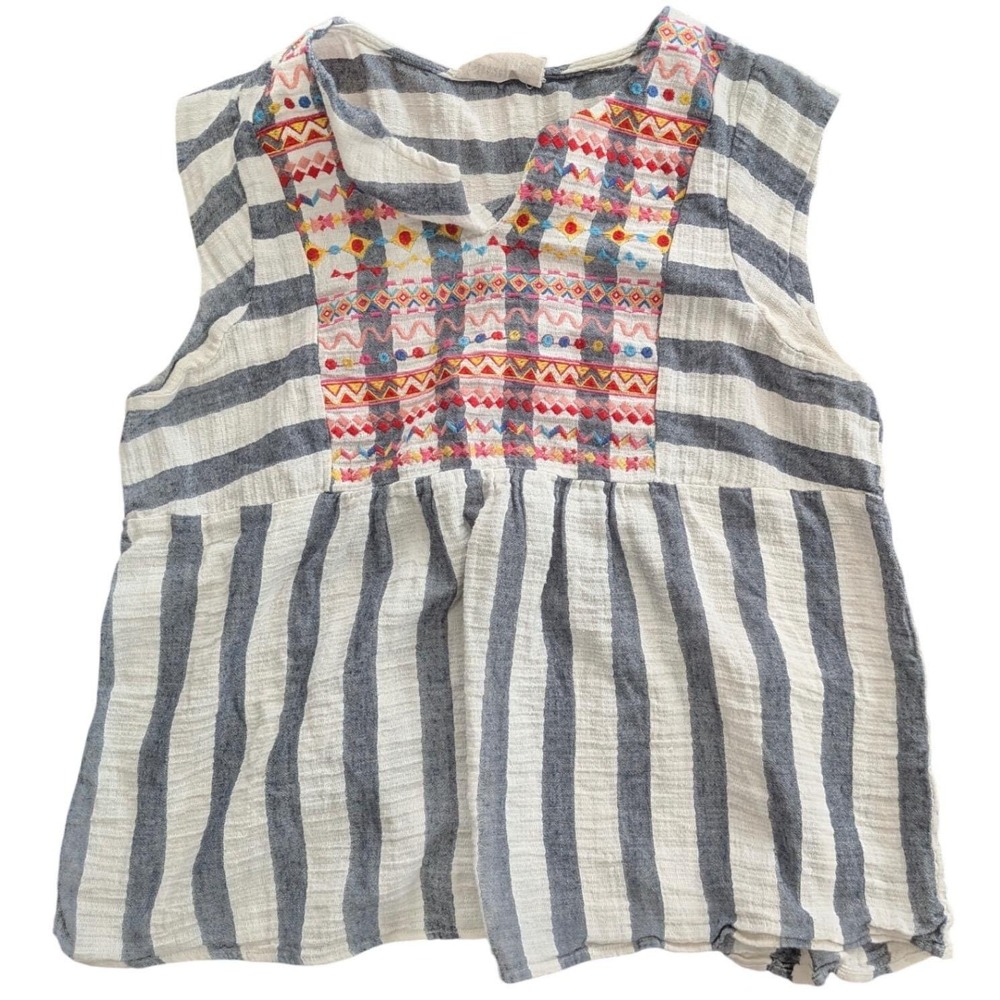 SAVANNAH JANE Stripe Embroidered Babydoll Sleeveless Top Boho Festival Cottage L